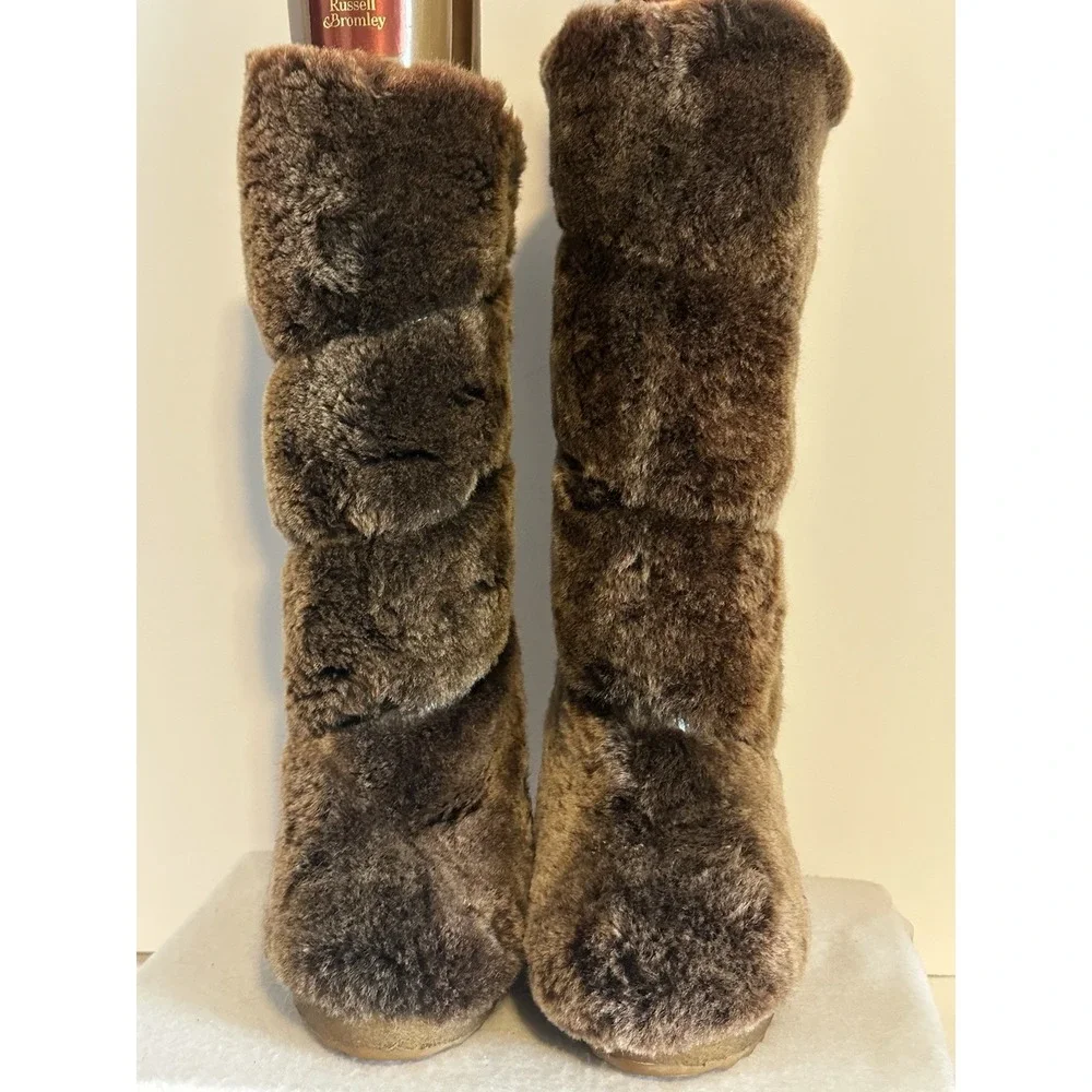 Tory Burch Womens 7 Kiki Sheep Shearling Fur Wedge Heel Boots Brown Pull On